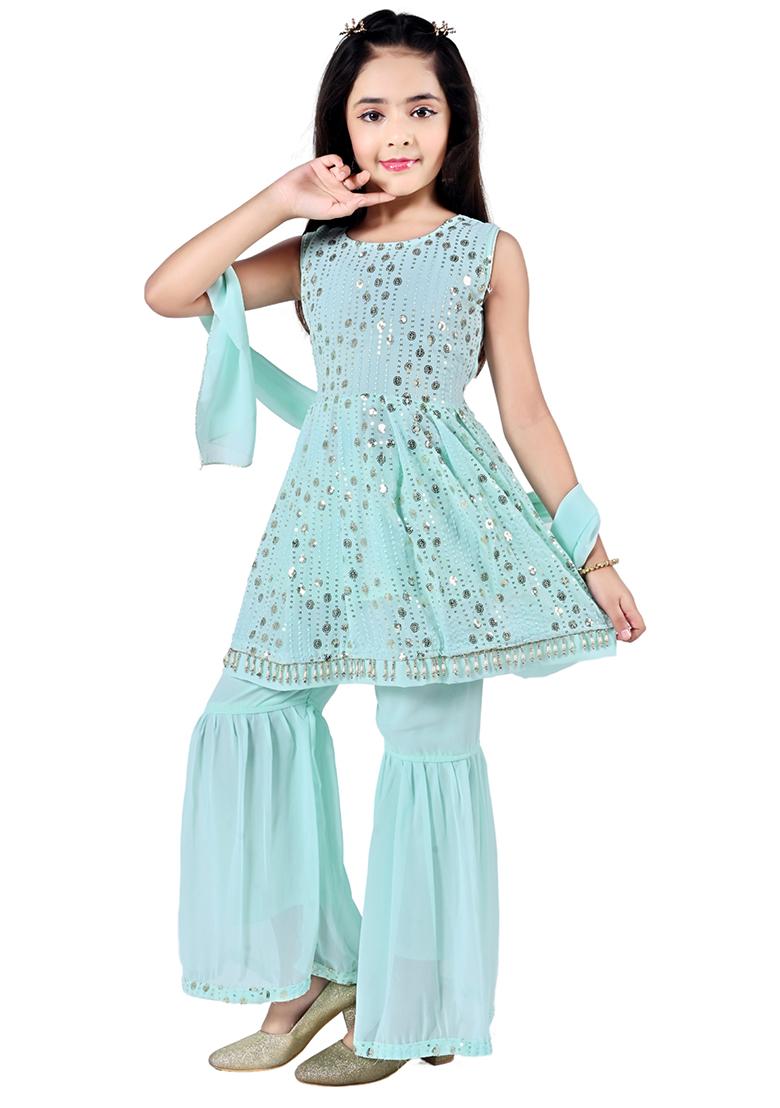 Green Embellished Georgette Kurta Set For Girls - Indya