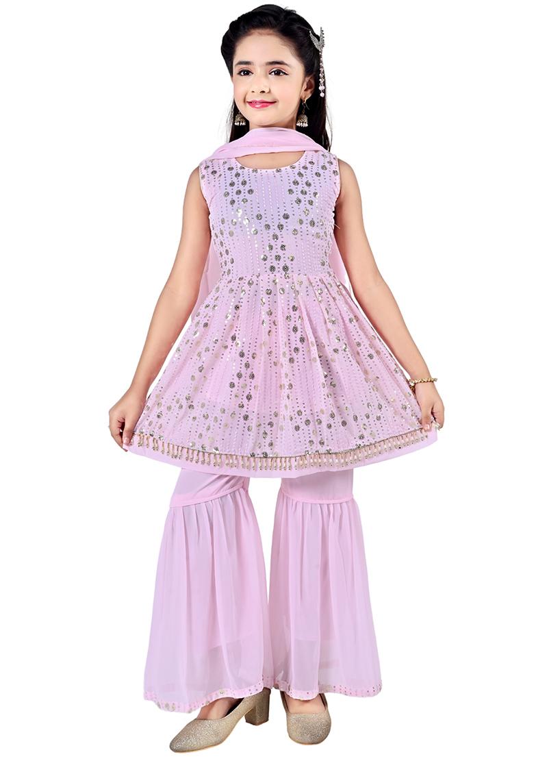 Pink Embellished Georgette Kurta Set For Girls - Indya