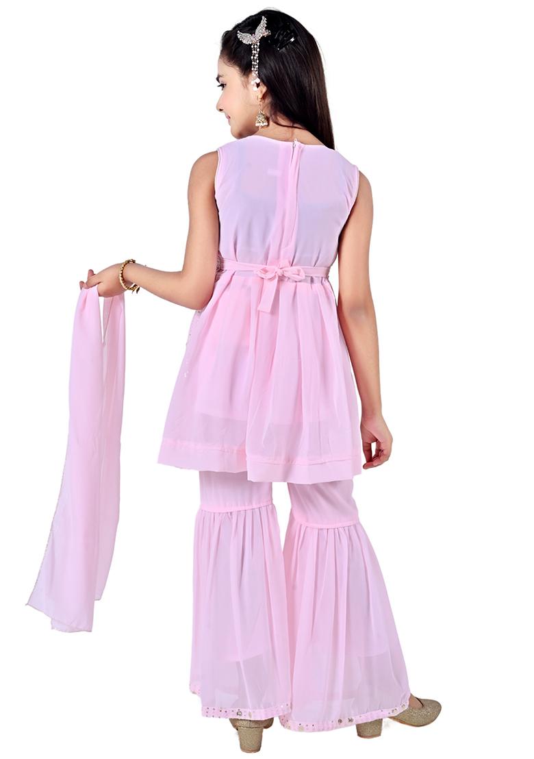 Pink Embellished Georgette Kurta Set For Girls - Indya