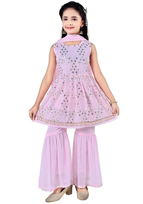 Pink Embellished Georgette Kurta Set For Girls