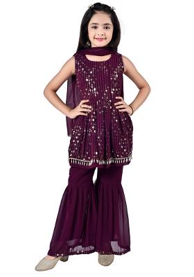 Purple Embellished Georgette Kurta Set For Girls