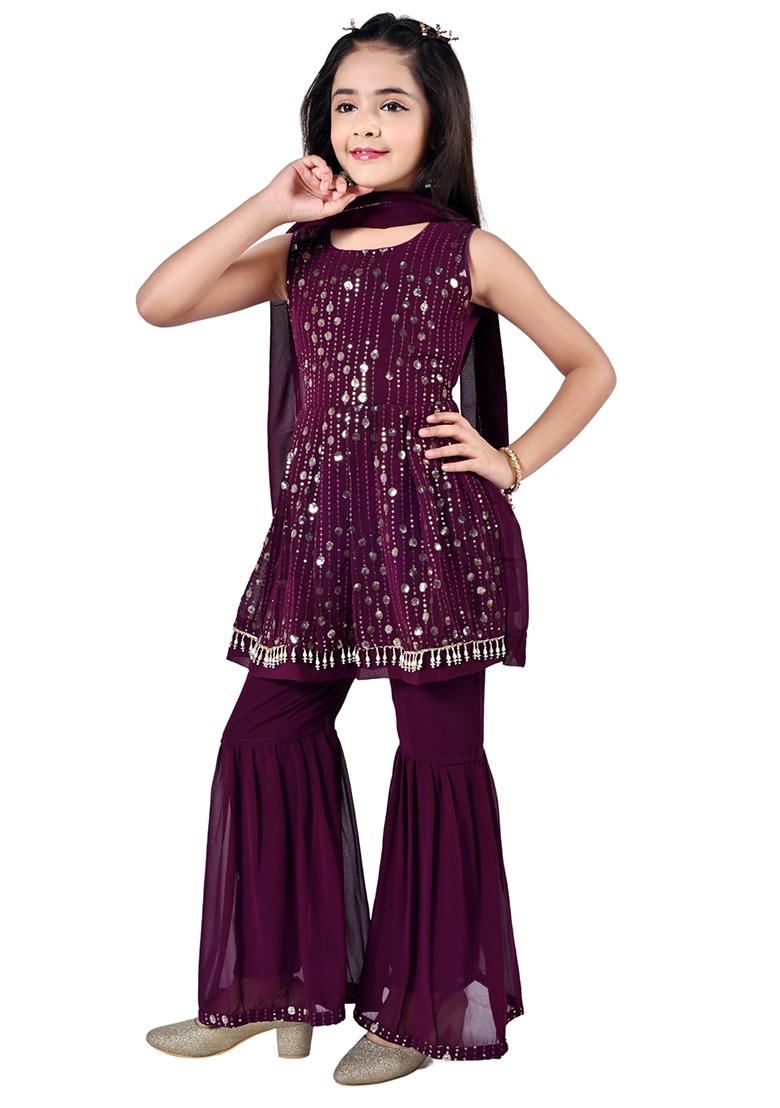 Purple Embellished Georgette Kurta Set For Girls - Indya