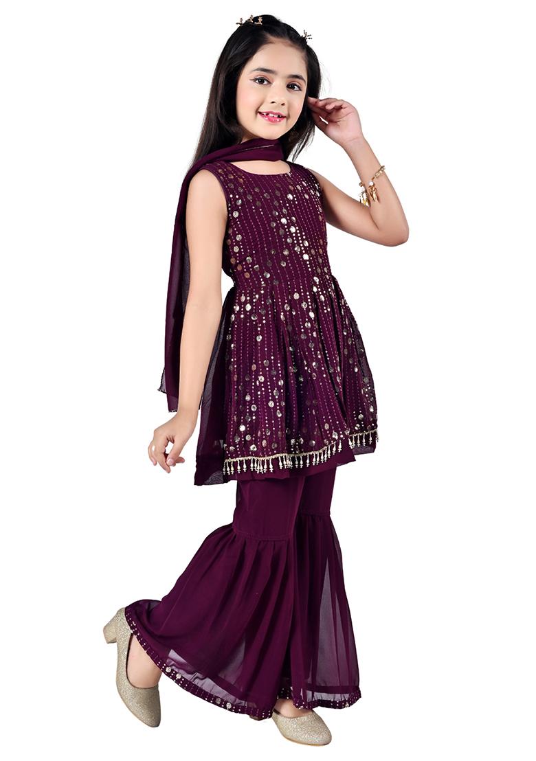 Purple Embellished Georgette Kurta Set For Girls - Indya