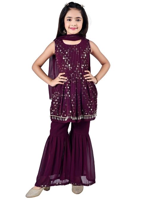 Purple Embellished Georgette Kurta Set For Girls