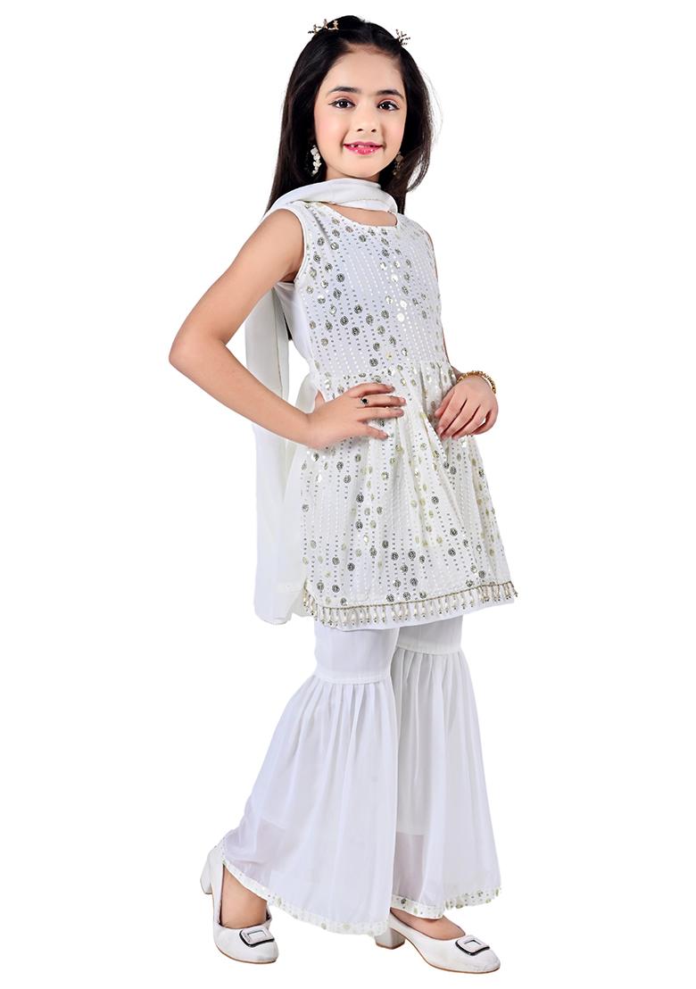 White Embellished Georgette Kurta Set For Girls - Indya