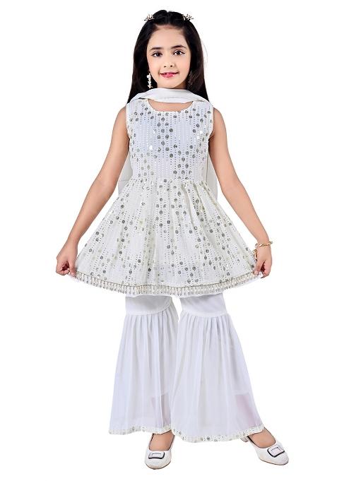 White Embellished Georgette Kurta Set For Girls