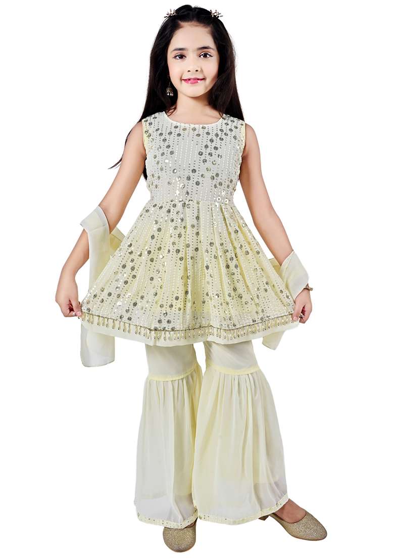 Yellow Embellished Georgette Kurta Set For Girls - Indya