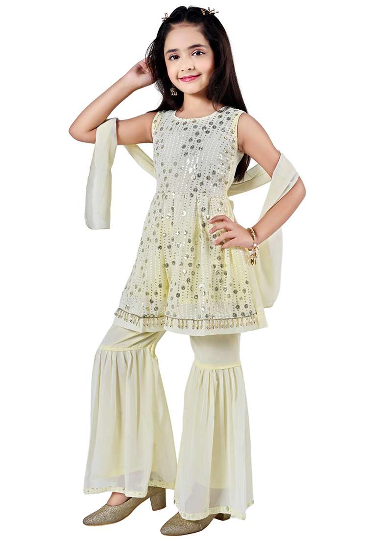 Yellow Embellished Georgette Kurta Set For Girls - Indya