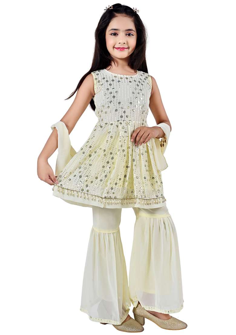 Yellow Embellished Georgette Kurta Set For Girls - Indya
