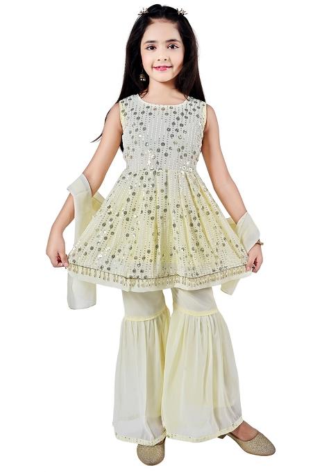 Yellow Embellished Georgette Kurta Set For Girls