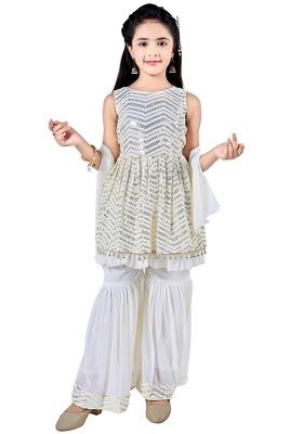 White Embellished Georgette Kurta Set For Girls