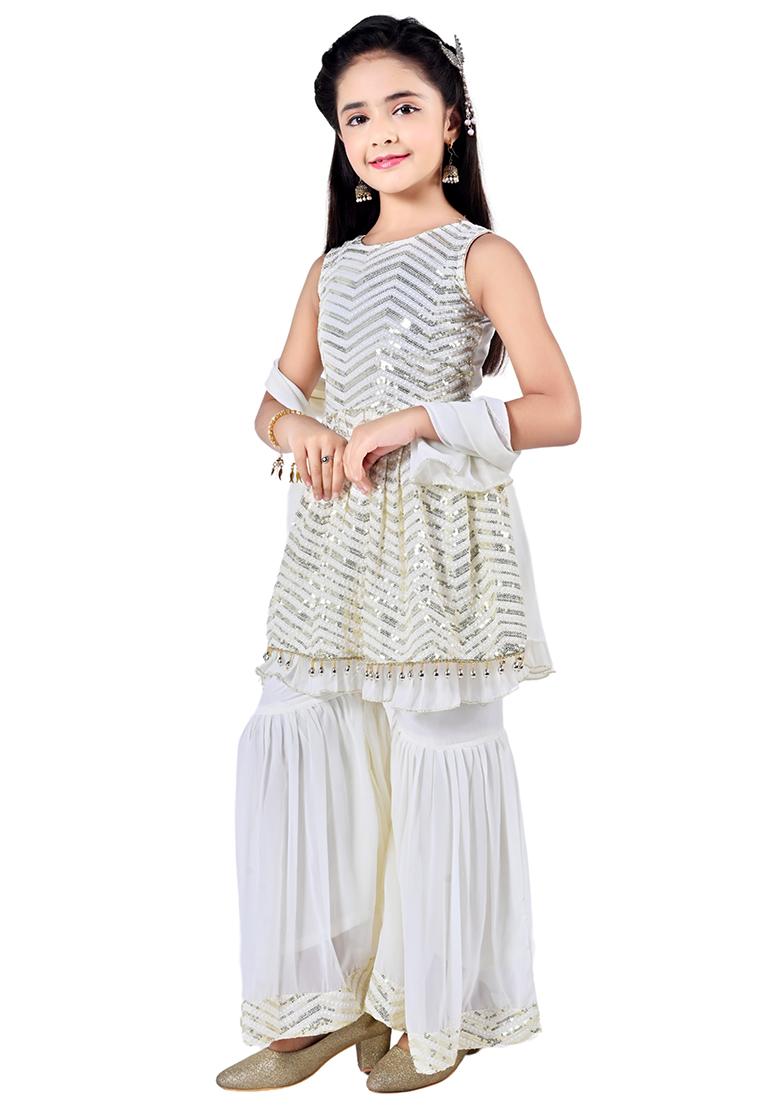 White Embellished Georgette Kurta Set For Girls - Indya