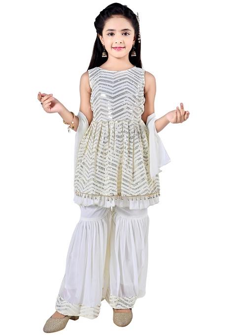 White Embellished Georgette Kurta Set For Girls