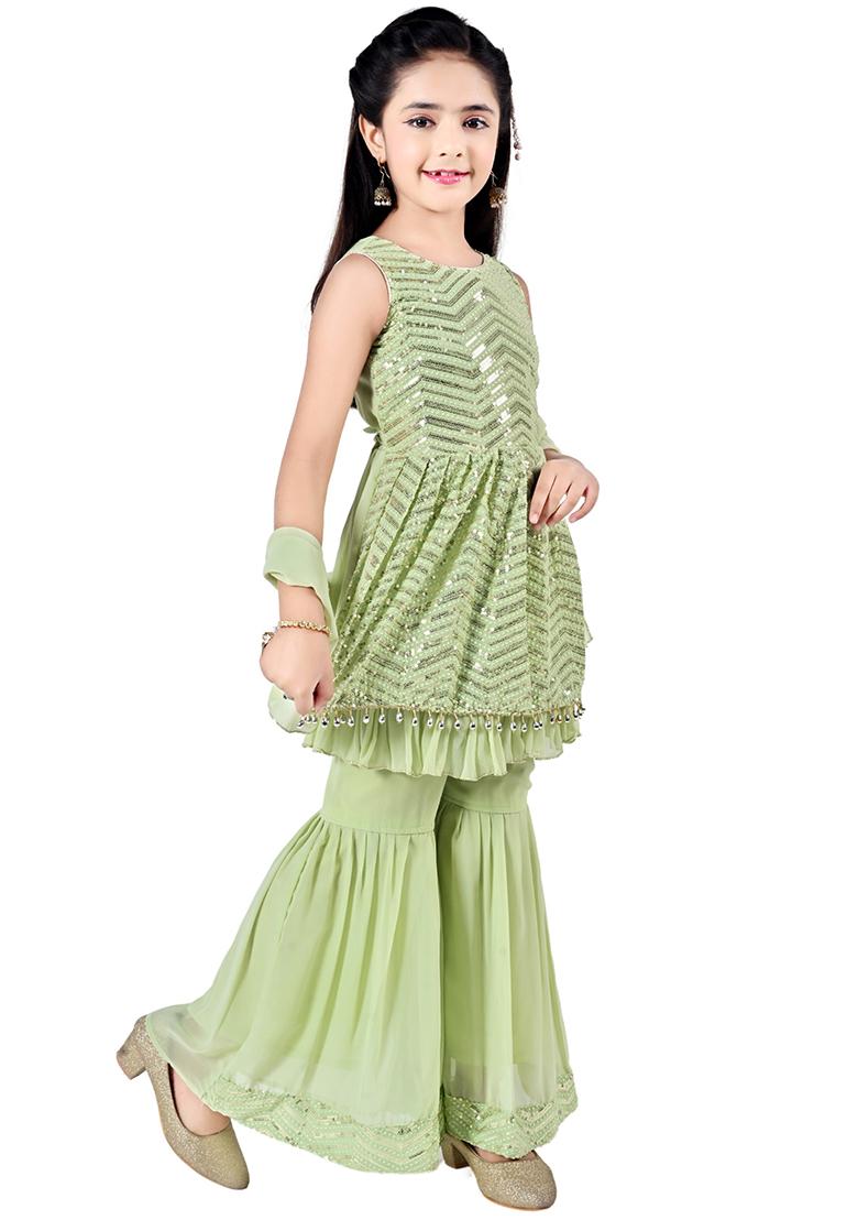 Green Embellished Georgette Kurta Set For Girls - Indya