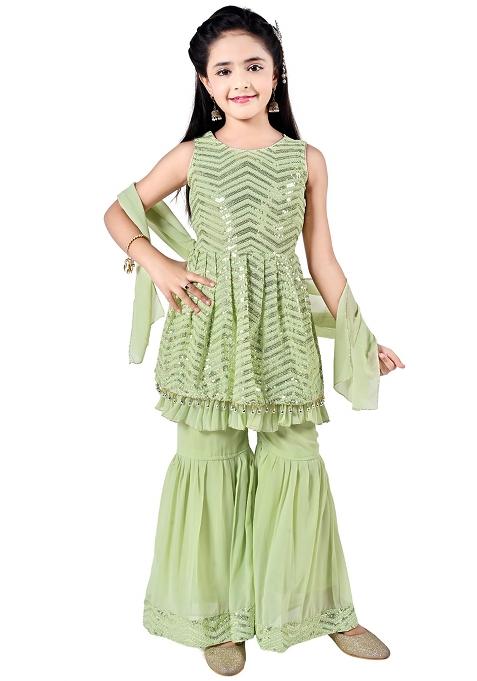 Green Embellished Georgette Kurta Set For Girls