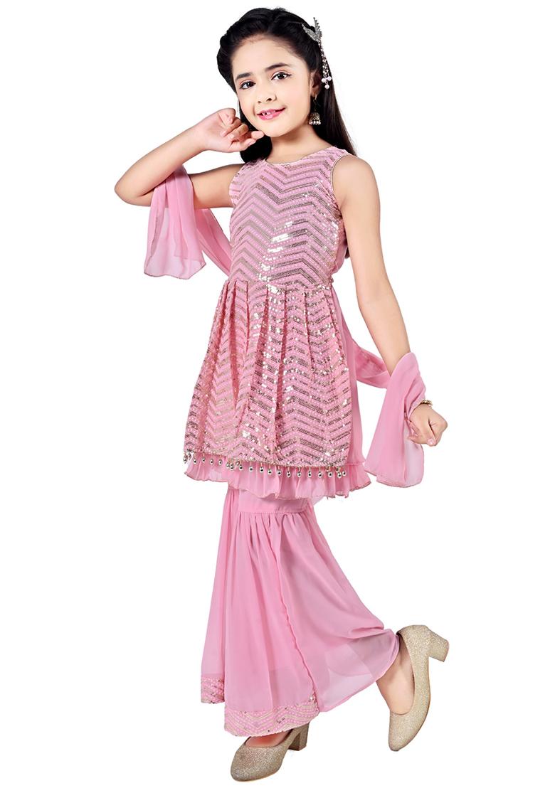Pink Embellished Georgette Kurta Set For Girls - Indya