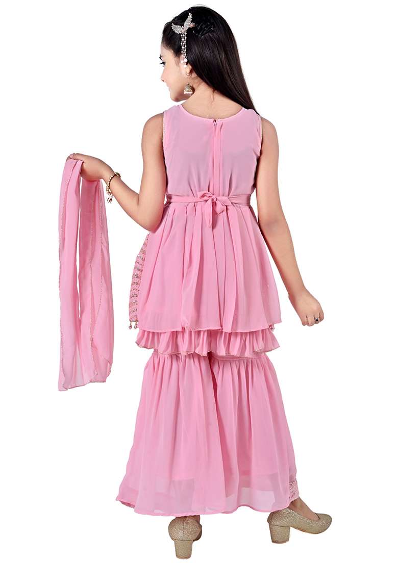 Pink Embellished Georgette Kurta Set For Girls - Indya