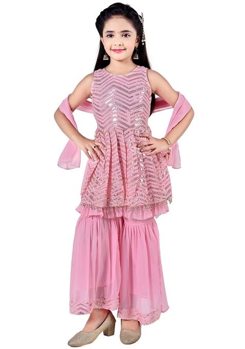 Pink Embellished Georgette Kurta Set For Girls