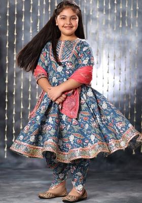 Blue Printed Cotton Kurta Set For Girls