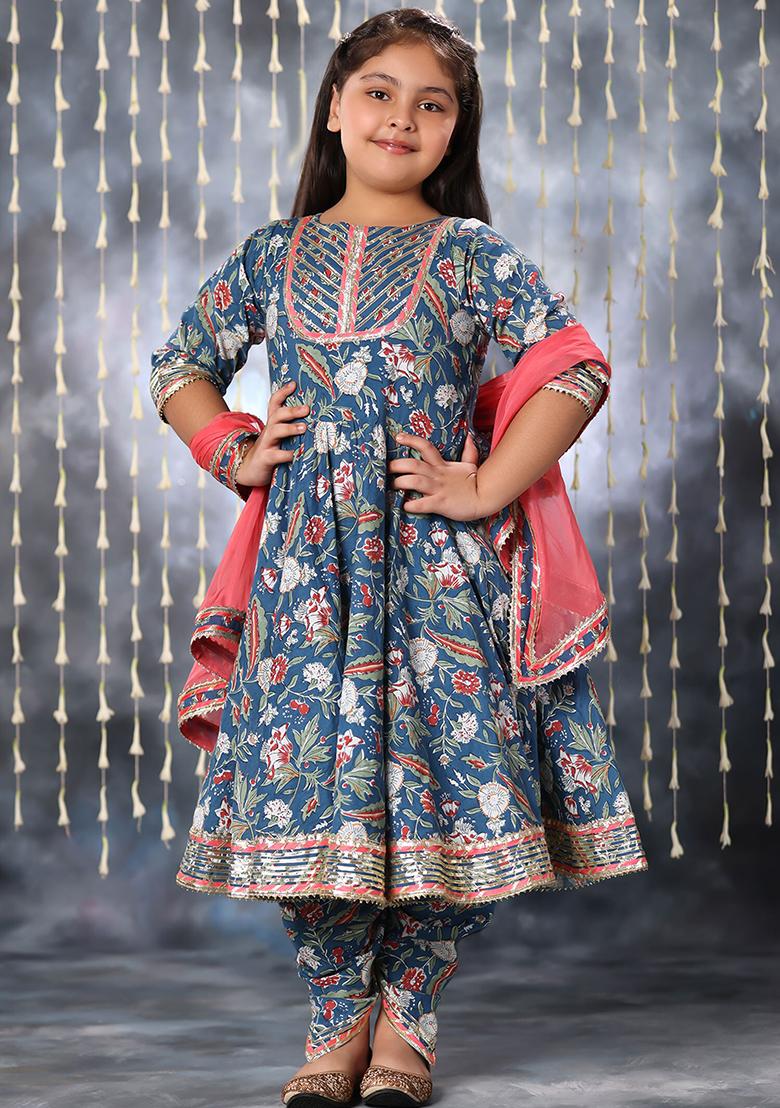 Blue Printed Cotton Kurta Set For Girls - Indya