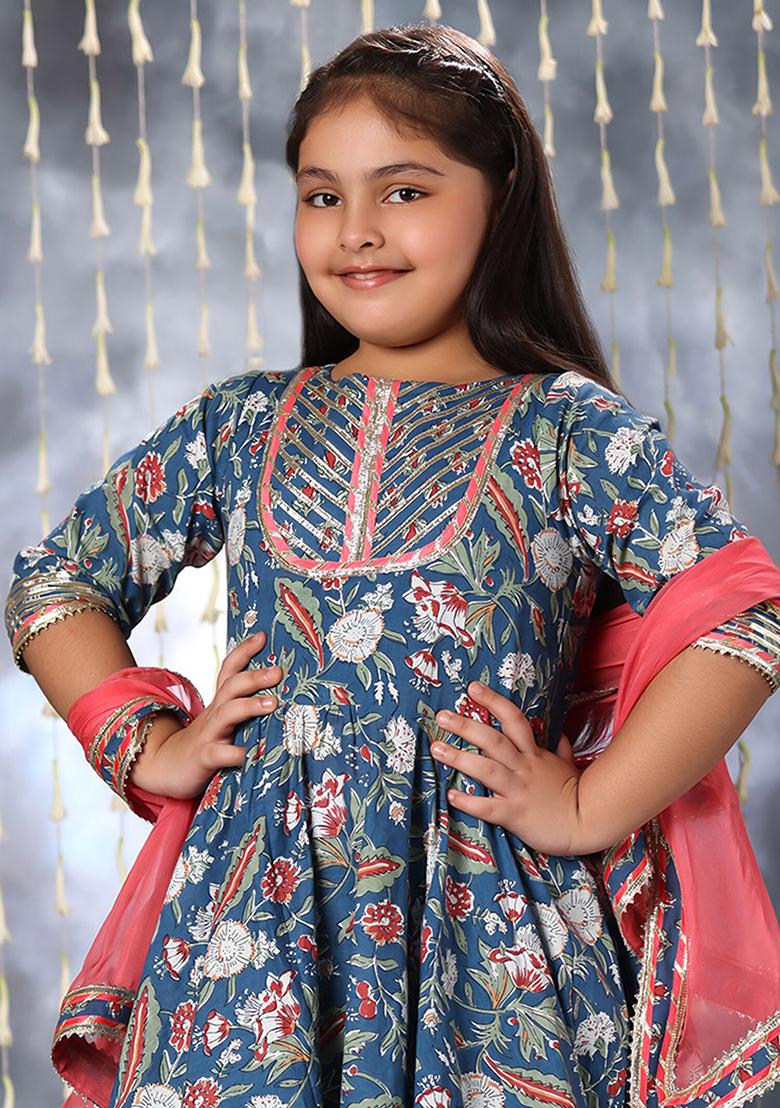 Blue Printed Cotton Kurta Set For Girls - Indya