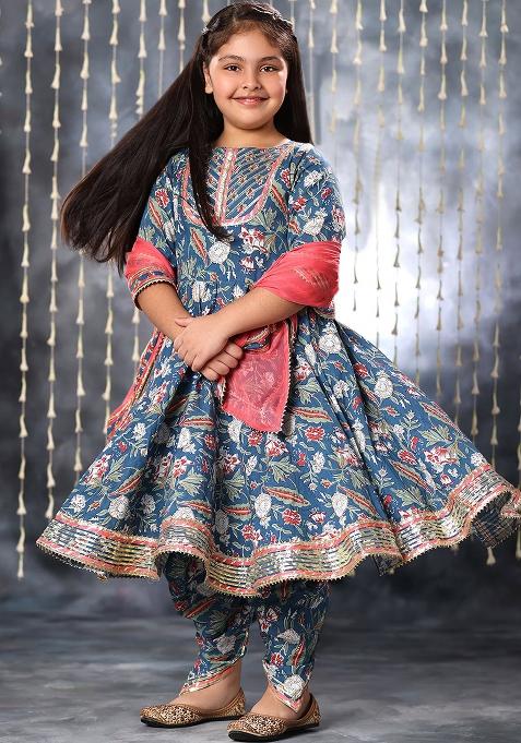 Blue Printed Cotton Kurta Set For Girls