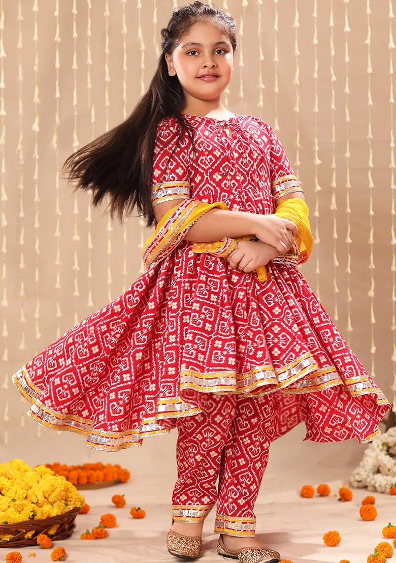 Red Printed Cotton Kurta Set For Girls - Indya