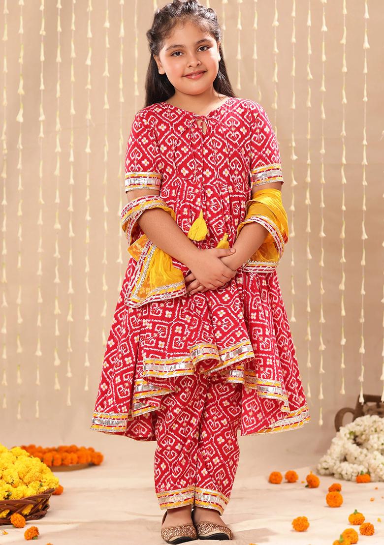 Red Printed Cotton Kurta Set For Girls - Indya