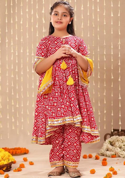 Red Printed Cotton Kurta Set For Girls