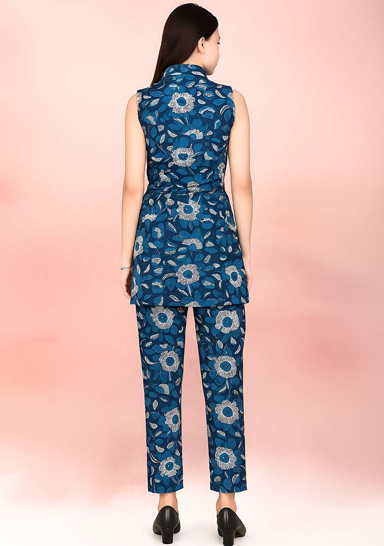 Blue Printed Cotton Kurta Set For Girls - Indya