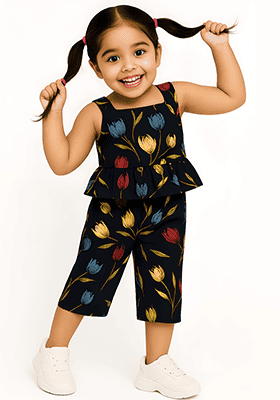 Black Printed Cotton Kurta Set For Girls