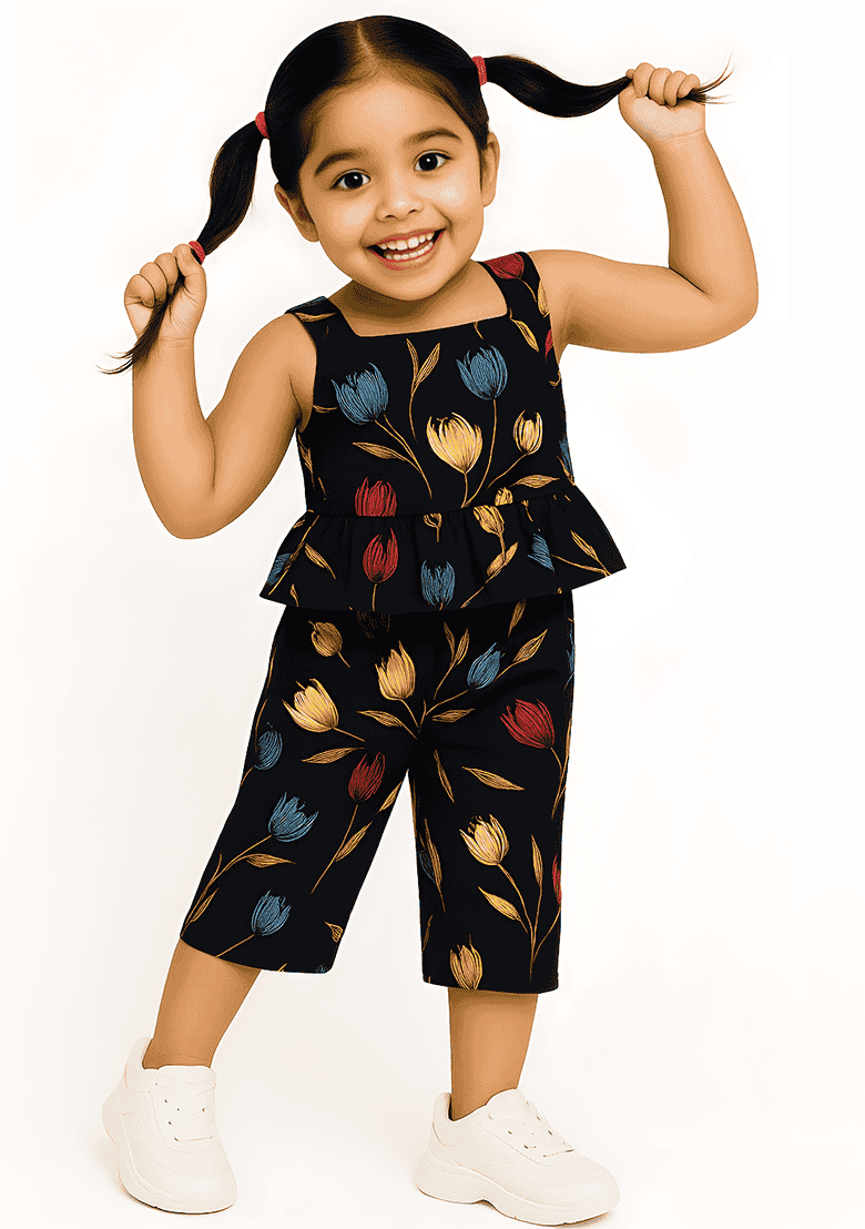 Black Printed Cotton Kurta Set For Girls - Indya