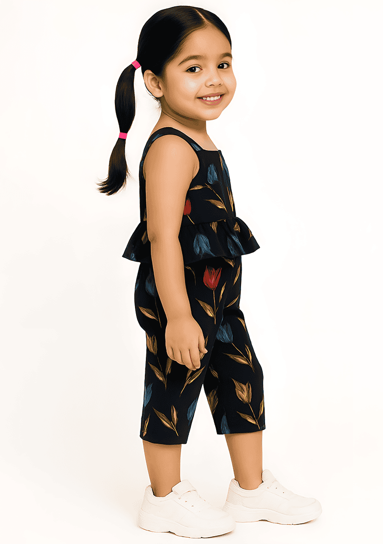 Black Printed Cotton Kurta Set For Girls - Indya
