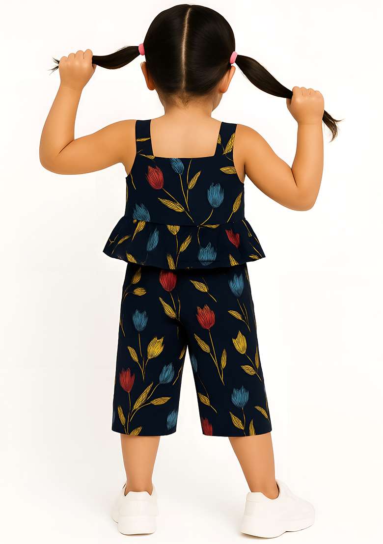 Black Printed Cotton Kurta Set For Girls - Indya