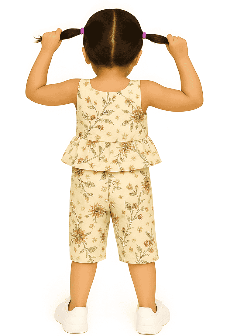 Beige Printed Cotton Kurta Set For Girls - Indya