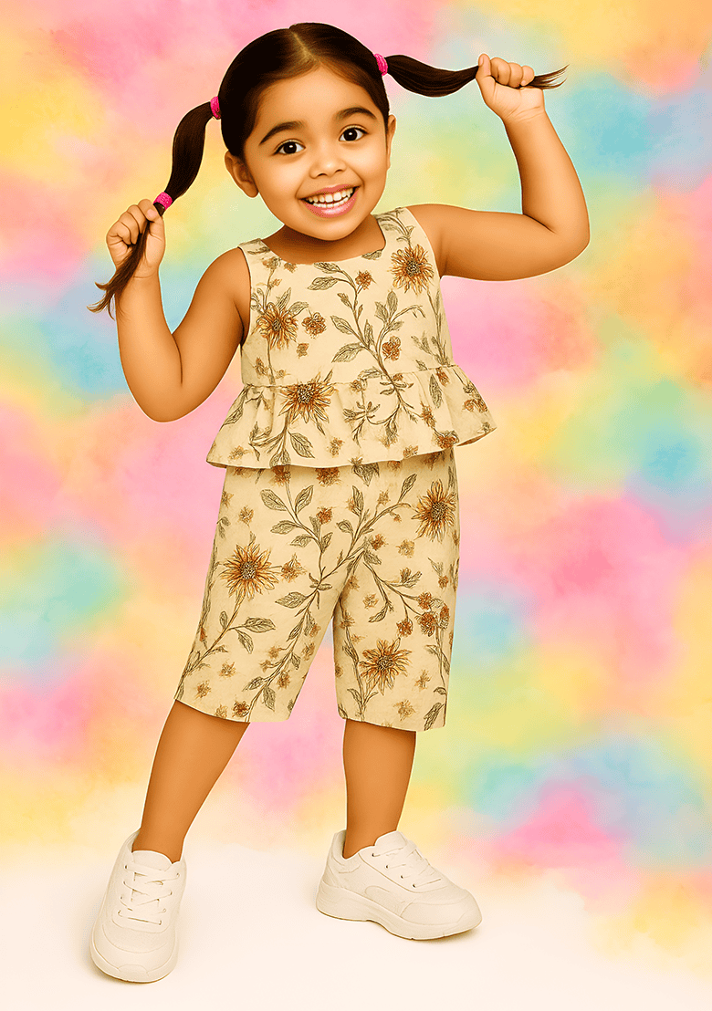 Beige Printed Cotton Kurta Set For Girls - Indya