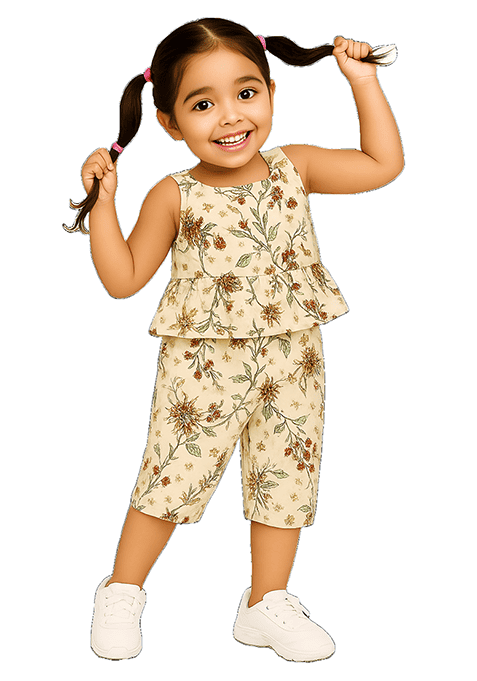 Beige Printed Cotton Kurta Set For Girls