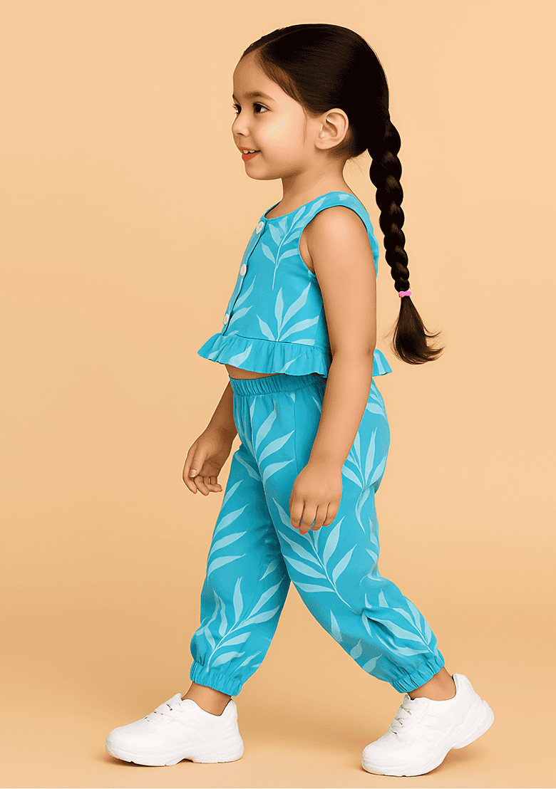 Blue Printed Cotton Kurta Set For Girls - Indya