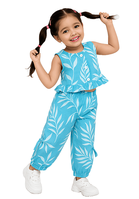 Blue Printed Cotton Kurta Set For Girls