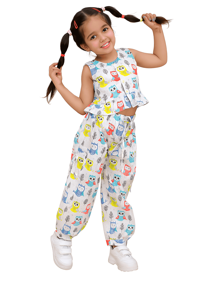 White Printed Cotton Kurta Set For Girls - Indya