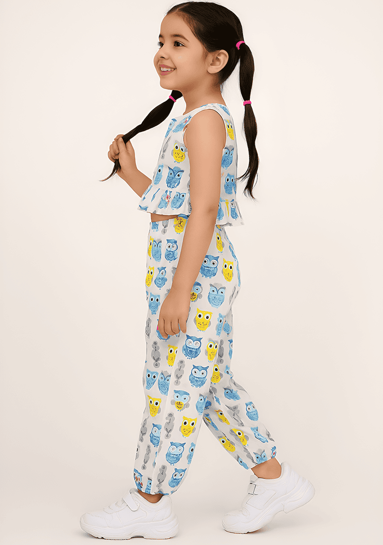 White Printed Cotton Kurta Set For Girls - Indya