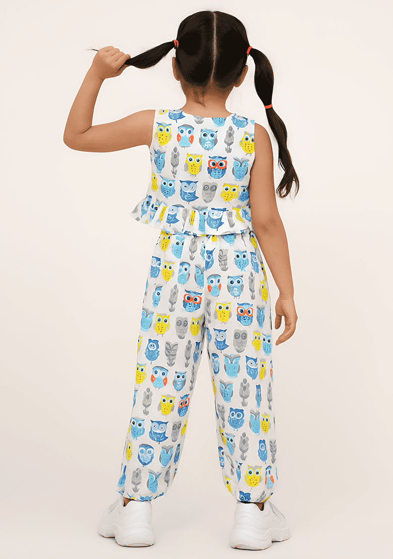 White Printed Cotton Kurta Set For Girls - Indya
