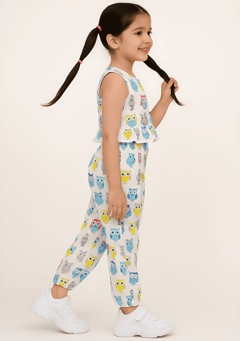 White Printed Cotton Kurta Set For Girls - Indya