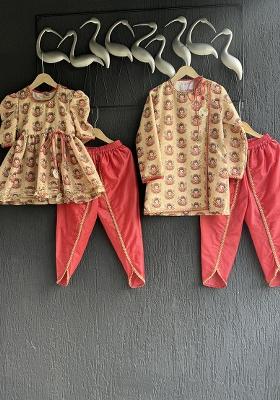 Golden Printed Cotton Kurta Set For Girls