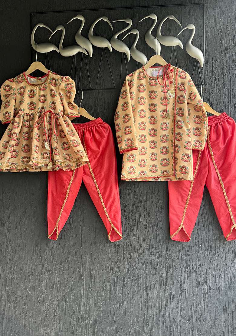 Golden Printed Cotton Kurta Set For Girls - Indya