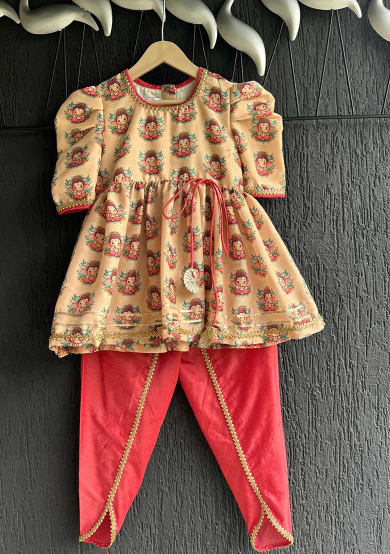 Golden Printed Cotton Kurta Set For Girls - Indya