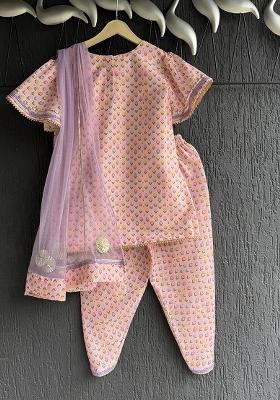 Pink Woven Cotton Kurta Set For Girls