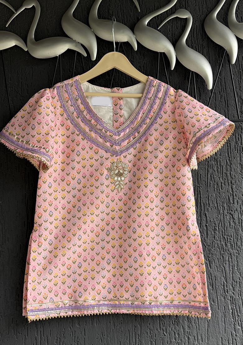 Pink Woven Cotton Kurta Set For Girls - Indya