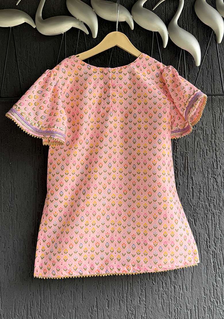 Pink Woven Cotton Kurta Set For Girls - Indya