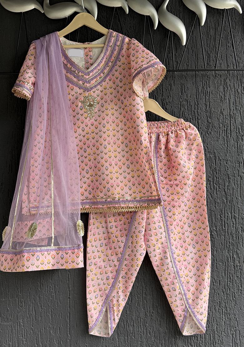 Pink Woven Cotton Kurta Set For Girls - Indya